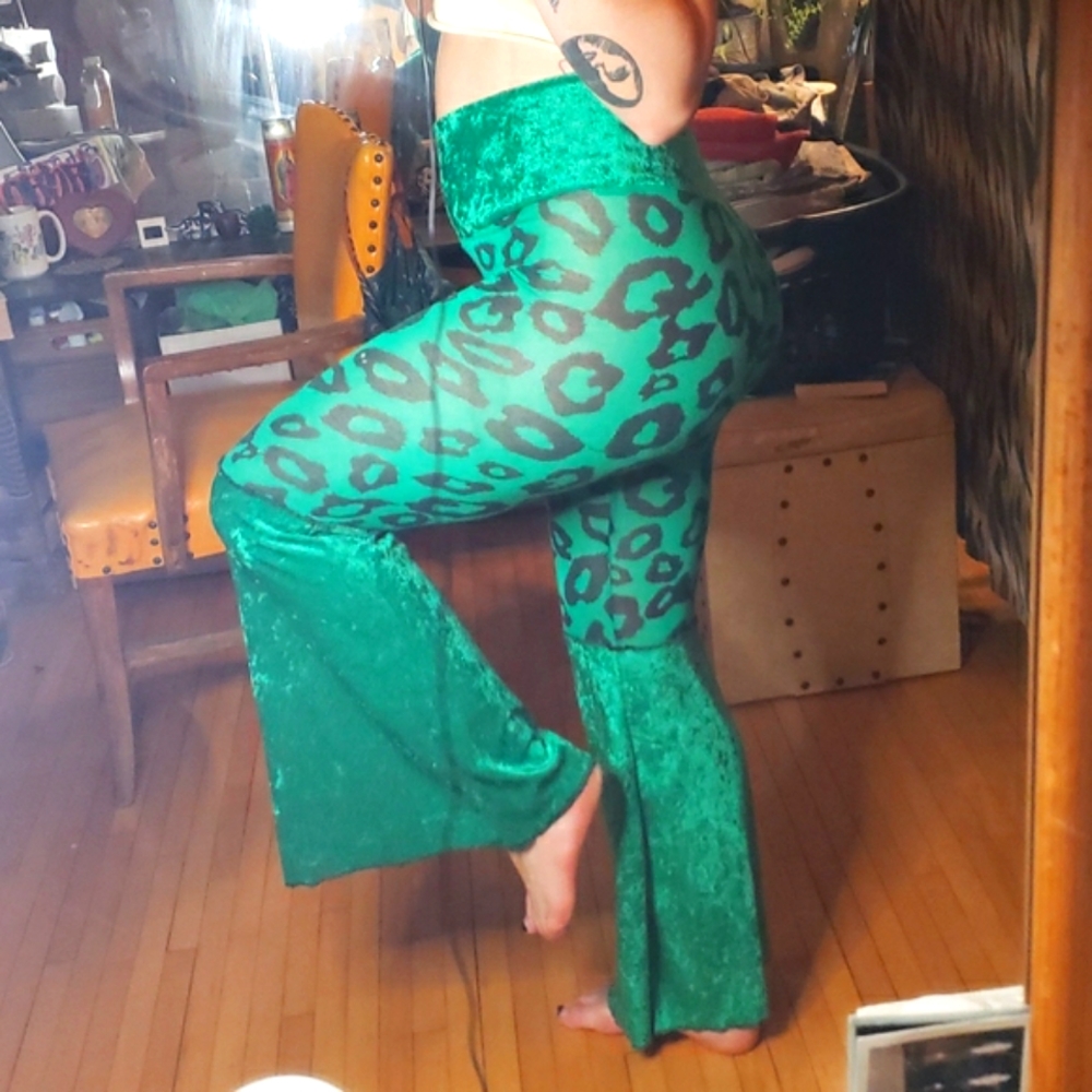 Leopard Print Velour Turquoise/Emerald Festival Dance Burning Man Rave Pants